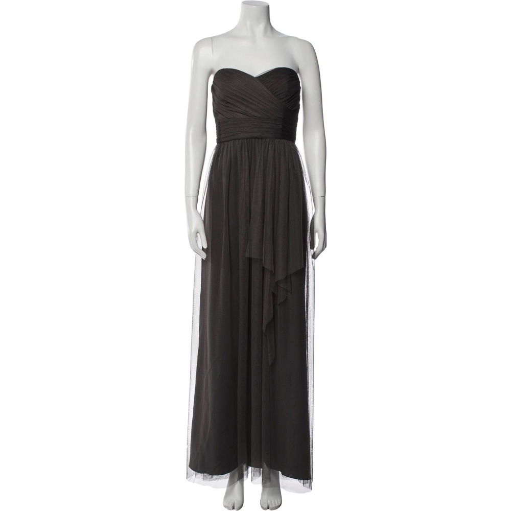 Amsale Charcoal Gray Silk Chiffon Ruched Sweetheart Maxi Gown Dress | Size 12